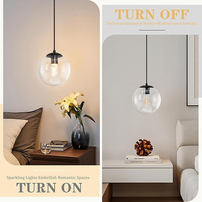 KoKo&Yukina 8" Globe Pendant Light Black Plug in Pendant Light Adjustable Hanging Lights with Plug in Cord Matte Black Finished with Clear Glass Lampshade for Bedroom Kitchen Island（Bulb Included）
