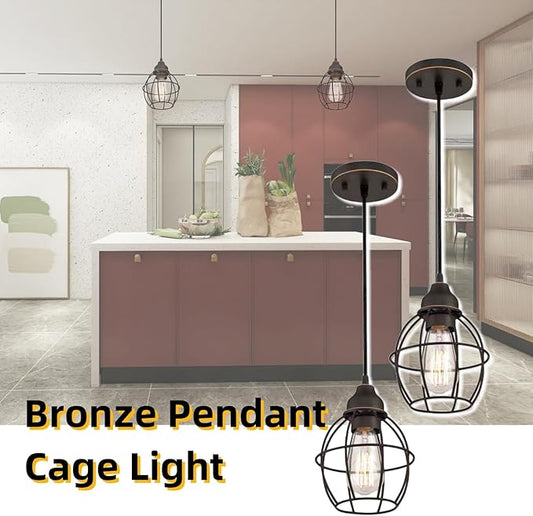 WISBEAM Oil Rubbed Bronze Kitchen Island Pendant Lighting Fixture, Cage Hanging Pendant Lights with E26 Medium Base Max. 60 Watts, Bulbs not Included, 2-Pack