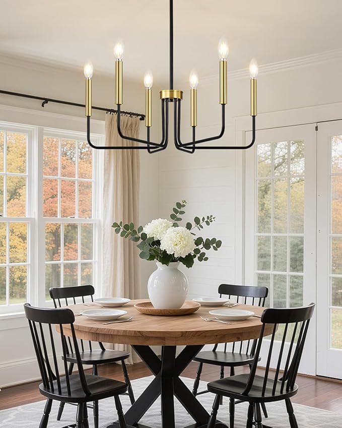 Yunnix Black and Gold Chandelier 6-Light Modern Pendant Hanging Light Fixture for Dining Room, Bedroom Pendant Ceiling, Foyer Entryway, Kitchen Island