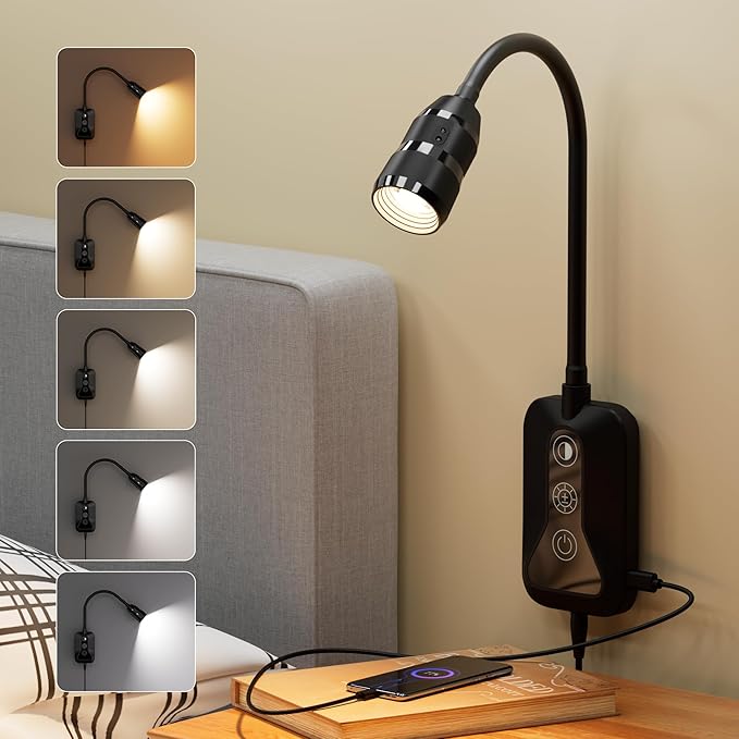 Wall Mounted Reading Light for Bed, Headboard Light with 360° Flexible Arm, Hand Wave Sensor, Focused 60° Beam, 5 Color Temperatures, Stepless Dimming, Memory Function, USB-C Output, Black 1 Pack