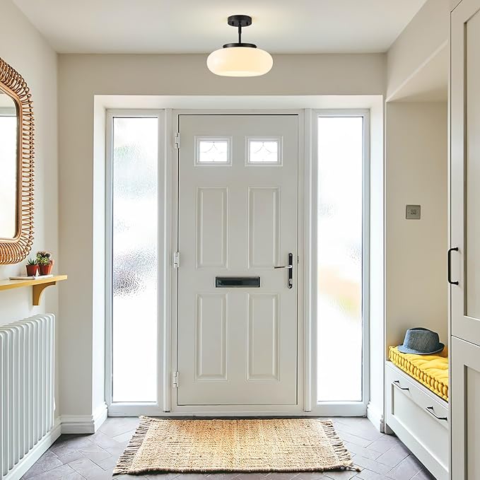 WOKNOS Mid-Century Modern Black Semi Flush Mount Ceiling Light, 3-Light Kitchen Light Fixtures with Glass Shade for Entryway Hallway Bathroom Bedroom (12.6 Inch)