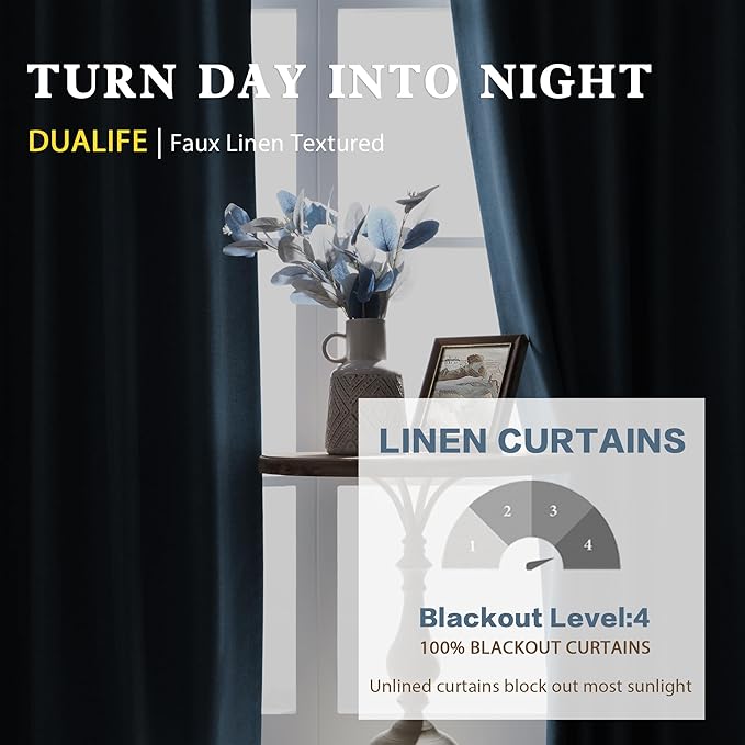 DUALIFE 100% Blackout Linen Blue Curtains for Bedroom 84 Inches Long,Back Tab/Rod Pocket Living Room Drapes,Thermal Insulated Textured Black Out Curtains 2 Panels Set,50" W x 84" L,Classic Blue