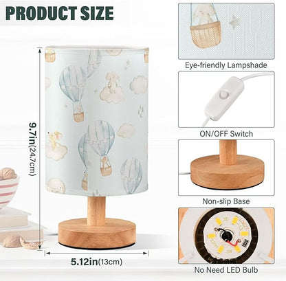 Table Lamp Watercolor Hot Air Balloon Elephant Rabbit Bear Mouse Moon Star Nightstand Lamp with Wood Base Fabric Lamp Shade Bedside Desk Lamp for Living Room Bedroom Kids Room Office