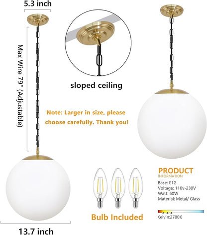 KoKo&Yukina 14" Gold Globe Pendant Light Mid Century Pendant Light Milk Glass Pendant Lights Kitchen Island Adjustable Hanging Light Fixture for Dining Room Bedroom Kitchen Islan