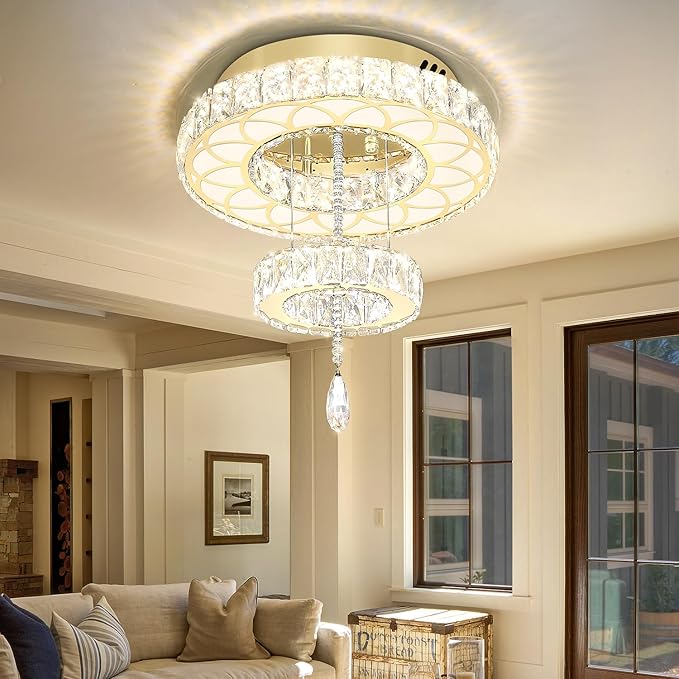 Flashing God Dia 16" Modern Crystal Chandeliers Flush Mount Chandelier Dimmable LED Light Crystal Ceiling Light for Hallway Bedroom Living Room Dining Room Gold