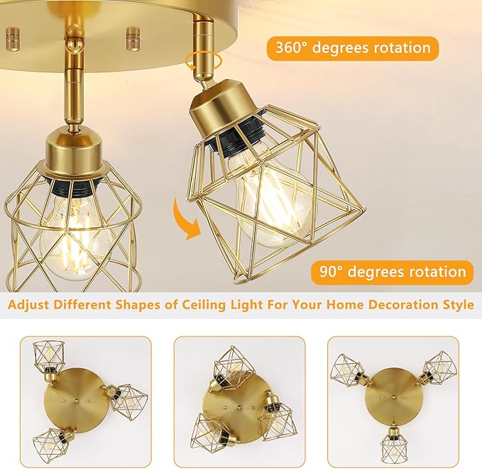 Baocuz 3-Light Brushed Gold Kitchen Light Fixtures, Modern Close to Ceiling Light with Metal Cage, Multi-Directional Gold Ceiling Lights for Farmhouse, Hallway, Dining Room, Entryway