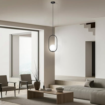 lobolighting Modern Pendant Lighting, 2 Pack Black Pendant Light Fixtures Adjustable Height Mid Century Chandelier, Frosted Glass Globe Single Hanging Light for Kitchen Island Dining Room Bedroom