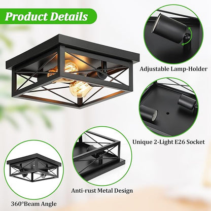 Kondras 2-Light Industrial Square Flush Mount Ceiling Light, Farmhouse Ceiling Light Fixture for Kitchen, Modern Black Close to Ceiling Light for Hallway Bedroom Balcony Porch Stairway, E26, 2-Pack