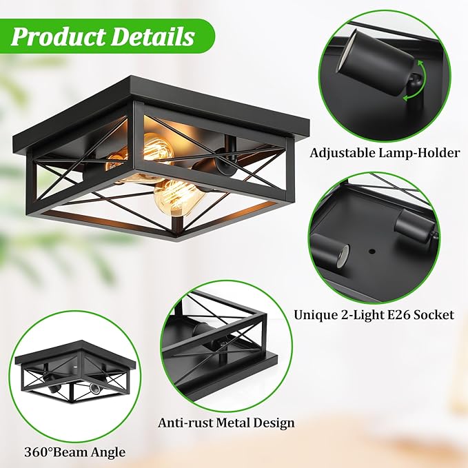 Kondras 2-Light Farmhouse Ceiling Light Fixture, Industrial Square Flush Mount Ceiling Light, Modern Black Metal Hallway Ceiling Lighting Fixture for Kitchen Entryway Living Room Bathroom Porch