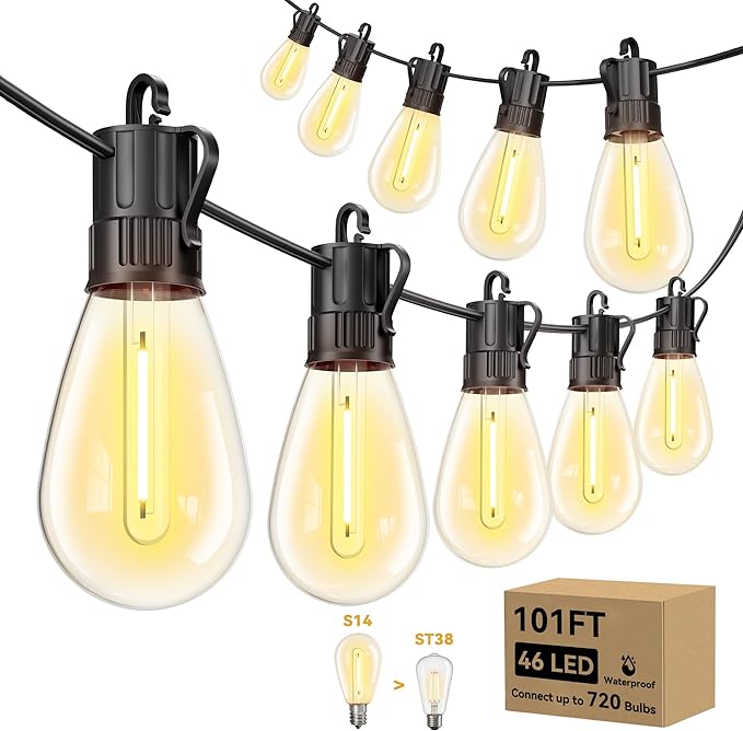 Minetom 101FT Outdoor String LED Patio Lights Waterproof,46 Shatterproof S14 Vintage Edison Bulbs,Commercial Grade Outside Hanging Lights Waterproof for Porch Deck Garden Backyard Balcony Cafe Bistro