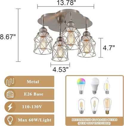 4-Lights Kitchen Light Fixtures Ceiling Mount, Adjustable Multi-Directional Brushed Nickel Flush Mount Ceiling Light, Vintage Metal Cage Farmhouse Lamp for Hallway, Dining Room, Foyer, Entryway
