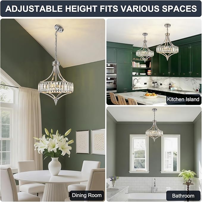 Brushed Nickel Bathroom Chandeliers for Dining Room,15.7" Modern Round Crystal Chandelier Over Tub,4-Light Unique Pendant Light Fixtures for Entryway Foyer Living Room Bedroom Kitchen Island