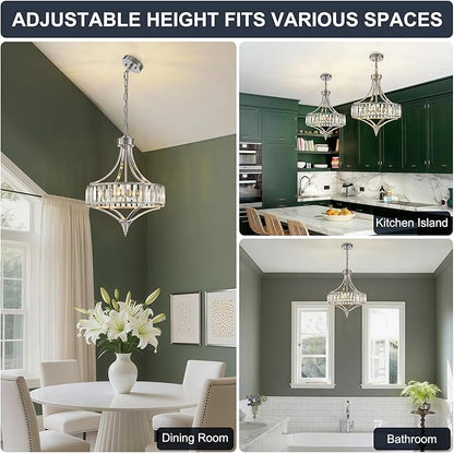 Brushed Nickel Bathroom Chandeliers for Dining Room,15.7" Modern Round Crystal Chandelier Over Tub,4-Light Unique Pendant Light Fixtures for Entryway Foyer Living Room Bedroom Kitchen Island