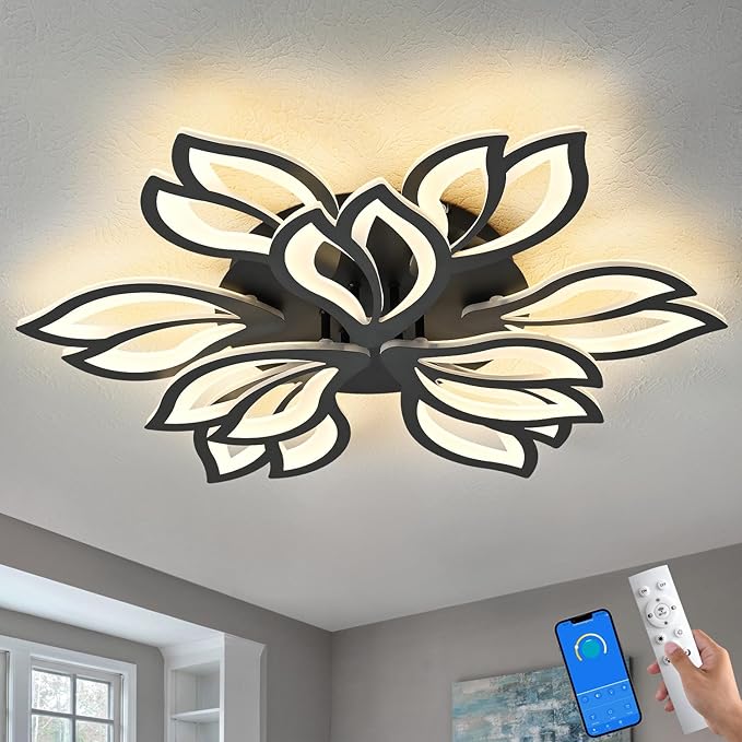 28" Black Modern Flower Dimmable Ceiling Light Fixture, 9 Leaves Low Profile Flush Mount Ceiling Light for Living Room Dining Room Bedroom