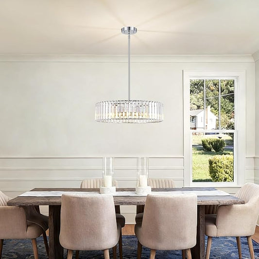 YURNYQ Chrome Crystal Chandelier for Dining Room, 6-Light Modern Semi Flush Mount Chandelier Lighting Fixtures, Round Kitchen Hanging Drum Lights Ceiling for Living Room Bedroom Entry Foyer, 19.6 Inch