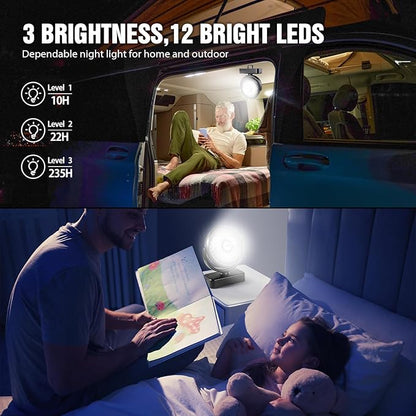 Portable Camping Fan with LED Lantern- 40H Work Time Rechargeable Battery Operated Fan with Hanging Hook for Tent Car RV Hurricane Emergency Outages Survival Kit Cruise Travel Camping Essentials Gear