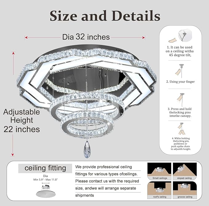 Flashing God 32in Crystal Ring Chandeliers for Living Room Flush Mount Ceiling Light for Bedroom Dining Room Hallway Dimmable LED 3 Rings Pendant Lighting