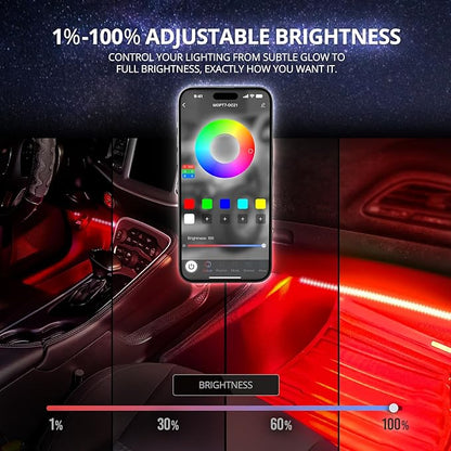 OPT7 Aura DreamColor Interior Light Strips, 4PC Double RGB-IC LED Color Chasing Kit w/APP & Remote Control, Underdash Ambient Lighting Universal for Vehicles Cars Trucks SUVs