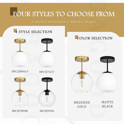 Bagood Gold Semi Flush Mount Ceiling Light Fixture Milk Glass Light Fixture Mid Century Flush Mount Ceiling Lights Brass Flush Mount Ceiling Schoolhouse Lights for Dining Room(Bulb Incl.)