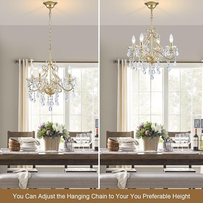 Mini Crystal Chandelier, Modern K9 Crystal Chandeliers for Dining Room, 4-Lights Gold Pendant Ceiling Light Fixture for Entryway Kitchen Island Bathroom Bedroom Living Room, H 21" x W 17.7"
