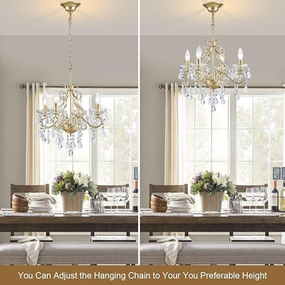 Mini Crystal Chandelier, Modern K9 Crystal Chandeliers for Dining Room, 4-Lights Gold Pendant Ceiling Light Fixture for Entryway Kitchen Island Bathroom Bedroom Living Room, H 21" x W 17.7"