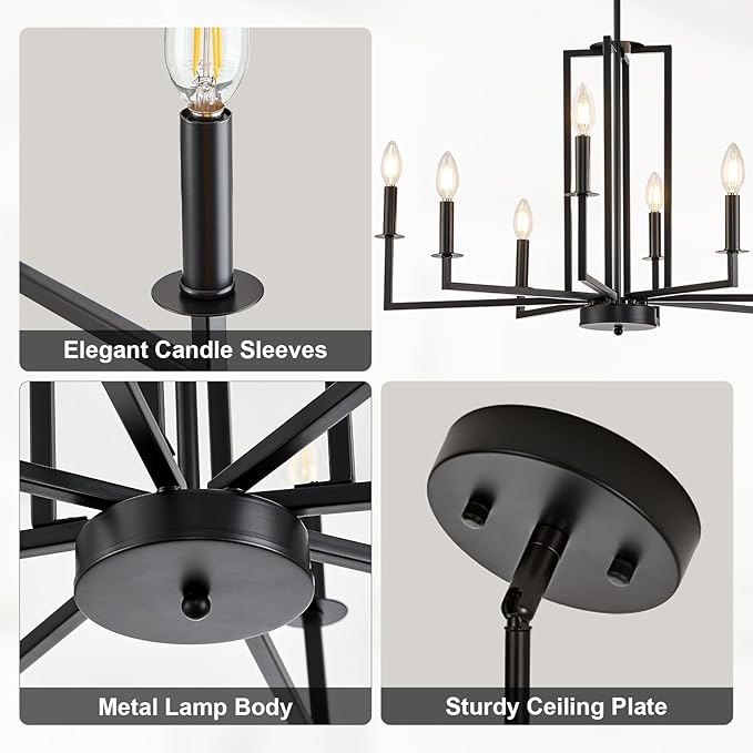 Modern Black Chandelier, Farmhouse Candle Dining Room Chandeliers, Metal Hanging Pendant Light Fixture for Kitchen, Foyer, Bedroom, Living Room, Staircase, Entryway, 8-Light