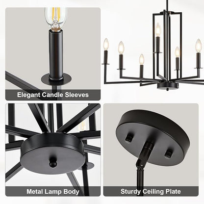 Modern Black Chandelier, Farmhouse Candle Dining Room Chandeliers, Metal Hanging Pendant Light Fixture for Kitchen, Foyer, Bedroom, Living Room, Staircase, Entryway, 8-Light