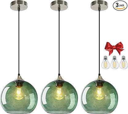 Large Gray Green Glass Pendant Light, 3-Pack Modern Ceiling Light Fixture with 3 Bulbs, 4.92ft Adjustable Cord, Lighting for Kitchen Island, Dining Room, Living Room, Entryway (9.1Inch)