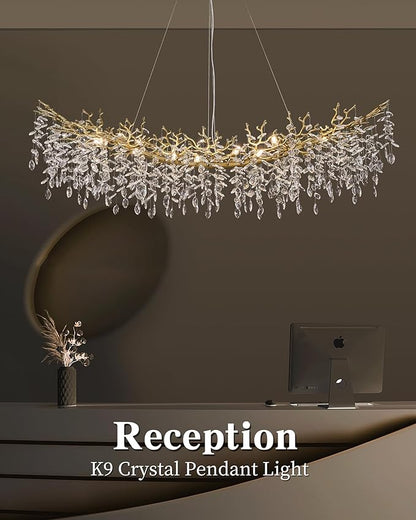Modern Crystal Chandelier for Dining Room, 16-Light 55.12" Gold Tree Branch Chandeliers, Luxury K9 Crystal Rectangular Chandeliers for Kitchen Island Living Room