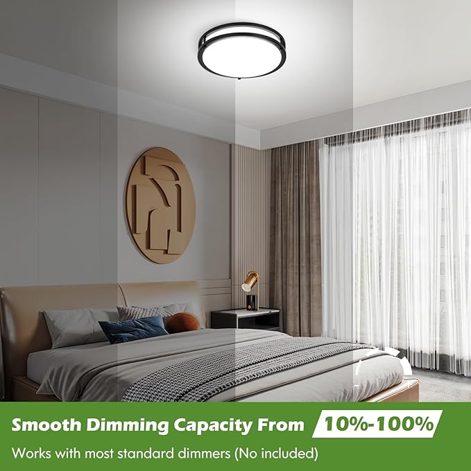 GoBright 4-Pack 36W LED Flush Mount Lights, 3200LM Black Ceiling Fixtures, 5 Color in One (2700K/3000K/4000K/5000K/6500K), 12'' Modern Round Ceiling Lamp for Kitchen, Hallway, Stairwell, Offices