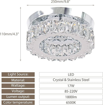 9.8" Crystal Flush Mount Ceiling Light Fixtures Modern Crystal Chandeliers Light Fixture LED Round Mini Ceiling Lamp for Kitchen 17W 6500K