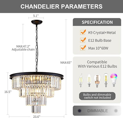 10 Light Black Crystal Chandelier 24'' Modern Round Chandeliers for Dining Room Contemporary Ceiling Pendant Light Fixture 4-Tier Adjustable Height E12 for Living Room Foyer Entryway