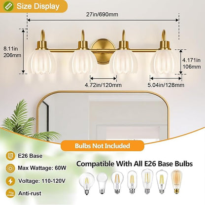 4-Light Bathroom Light Fixtures, 27" Brushed Gold Vanity Lights for Bathroom with Ribbed Frosted Clear Tulip Glass Shade, Vintage Bathroom Vanity Lighting Fixtures Over Mirror for Living Room Hallway