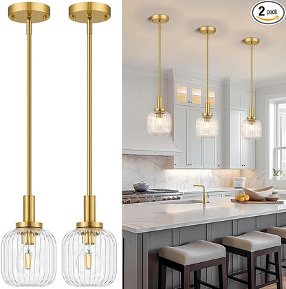 Brushed Gold Pendant Lights Kitchen Island 2 Pack, 5.9" Modern Glass Pendant Light with Clear Glass and Rods, Mini Hanging Lighting for Kitchen Sink Bathroom Bedroom, OS-YQ7749-2PBG