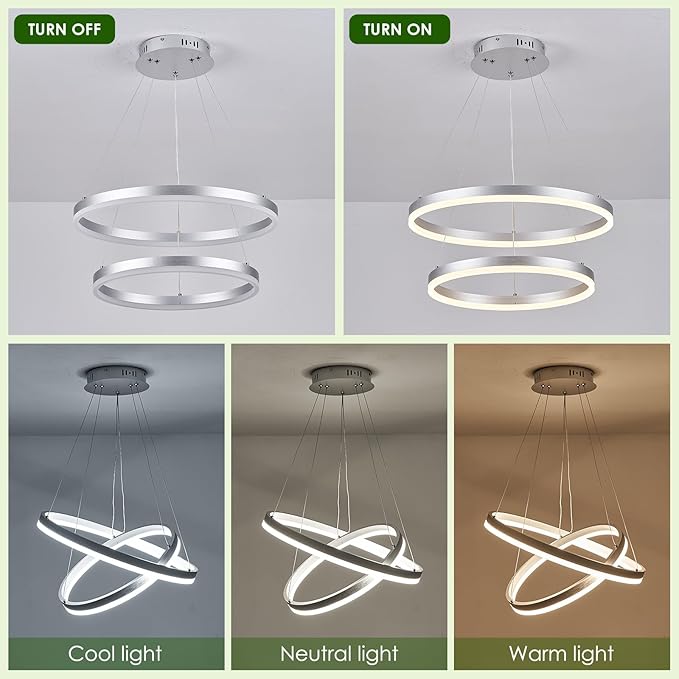 Benkut 2-Rings Modern LED Chandelier Silver for Dining Room, Circular Flush Mount Ceiling Chandelier Light Dimmable Pendant Light with Remote Control for Living Room Entrance Foyer, 3000K-6500K