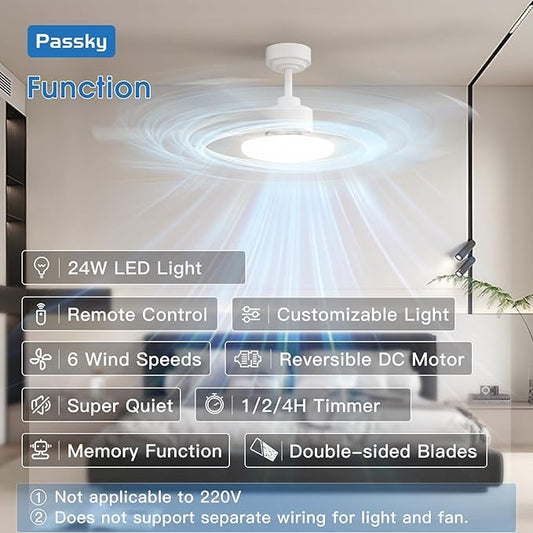 Passky Ceiling Fans with Lights, 52 inch Sleek Ceiling Fan with Light and Remote Control, 3CCT, Dimmable, Reversible, Noiseless, White Ceiling Fan for Bedroom, Living Room