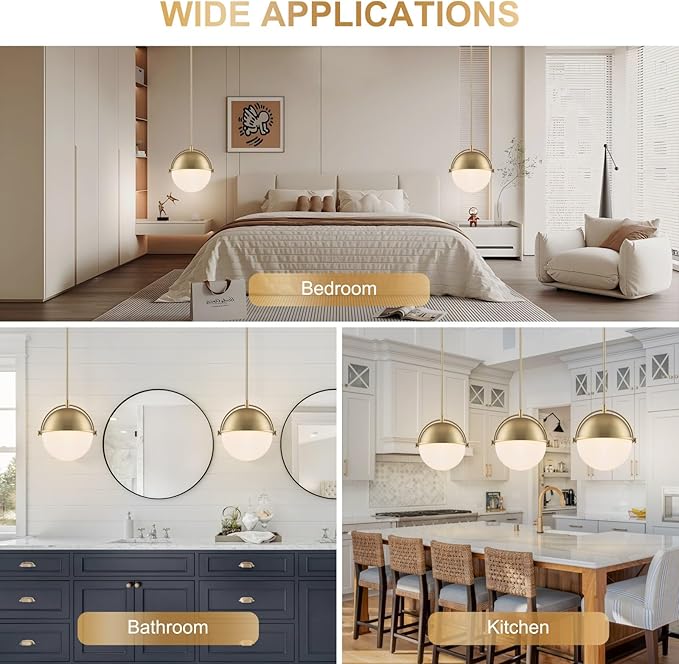 11.4 Inch Gold Globe Pendant Light Fixtures,Mid Century Modern Pendant Lights Kitchen Island with Milk Glass Shade, Adjustable Hanging Light Fixture for Kitchen Dining Room Bedroom Bathroom