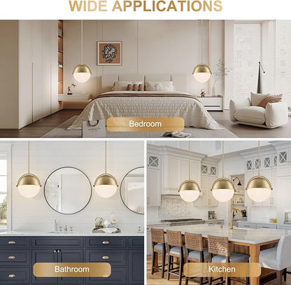 11.4 Inch Gold Globe Pendant Light Fixtures,Mid Century Modern Pendant Lights Kitchen Island with Milk Glass Shade, Adjustable Hanging Light Fixture for Kitchen Dining Room Bedroom Bathroom