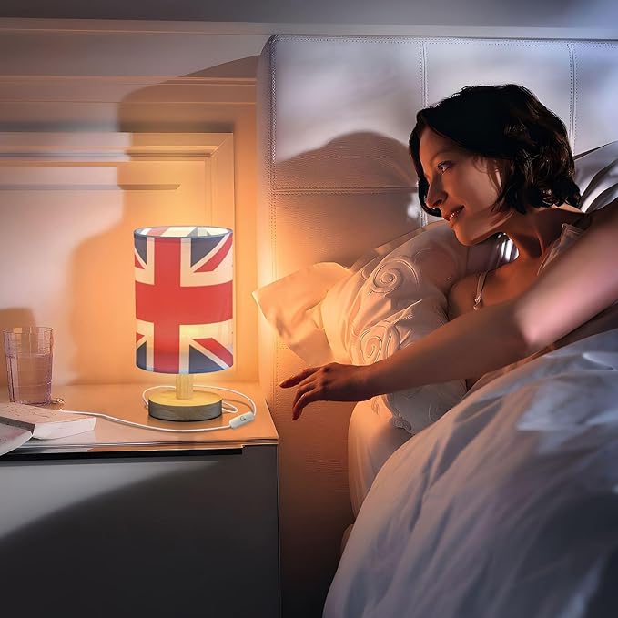 Table Lamp British Flag England London Union Jack Nightstand Lamp with Wood Base Fabric Lamp Shade Bedside Desk Lamp for Living Room Bedroom Kids Room Office
