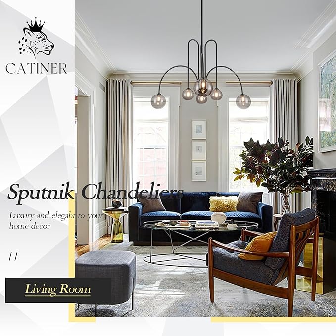 CATINER Black Chandelier Modern 6 Lights Sputnik Chandelier Large L40” Mid Century Ceiling Pendant Light Fixtures with Smoke Glass Globe Shades for Living Dining Room Foyer Bedroom