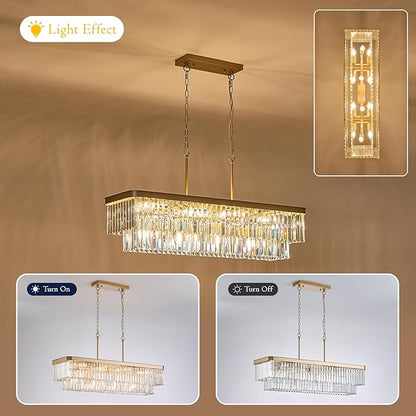 Rectangle Crystal Chandelier L40” 12 Lights Modern Gold Rectangular Long Chandeliers Luxury K9 Ceiling Pendant Light for Kitchen Island Dining Room Living Room Bar