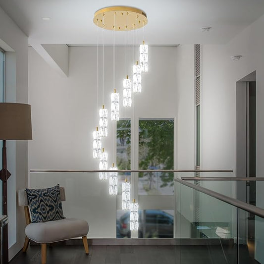 ykolupty Large Chandeliers for Living Room Modern Crystal Gold Chandeliers Spiral Staircase Pendant Light High Ceiling Lamp Fixture for Foyer Entrance Dimmable 2700-6000K