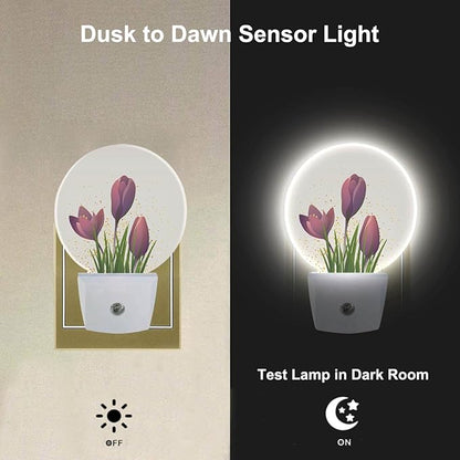 Tulip Night Light Purple Flower Tulips Floral LED Dusk to Dawn Plug-in Nightlight Auto Sensor for Bedroom Bathroom Hallway Living Room