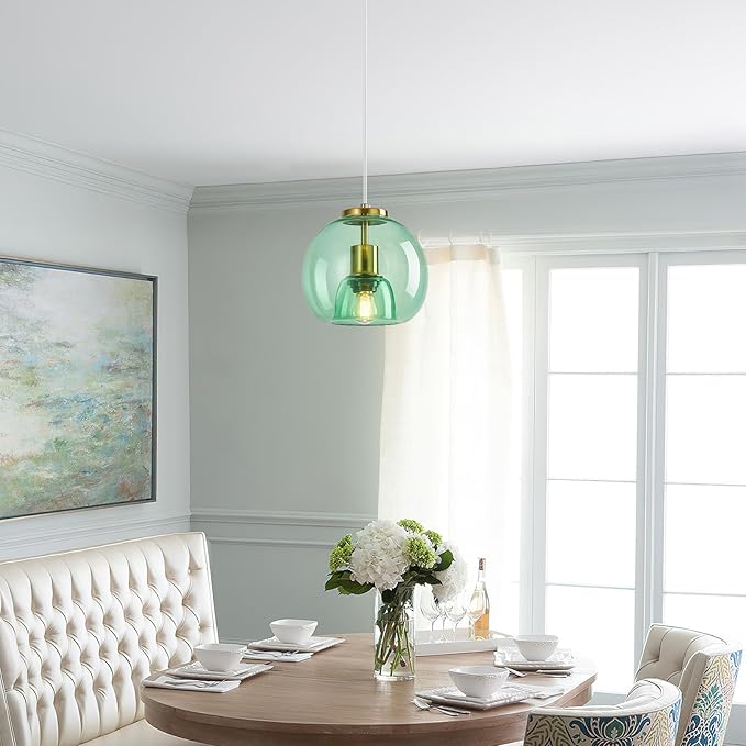 Light Green Glass Pendant Lights Kitchen Island Gold Hanging Light Fixture Glass Globe Pendant Light Modern Pendant Lighting for Kitchen Island Bedroom Dining Room (7.87", 3 Pack)