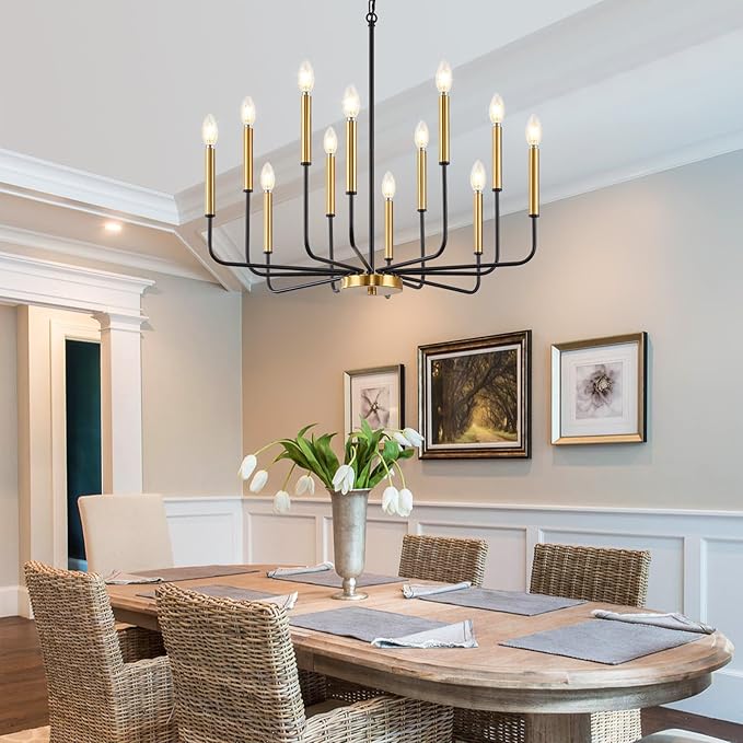 12-Light Black and Gold Chandelier, Modern Farmhouse Chandelier for Dining Room Hanging Lighting Fixture, Metal Candle Chandelier with Chain for Living Room, Kitchen, Entryway, Foyer, Stairs