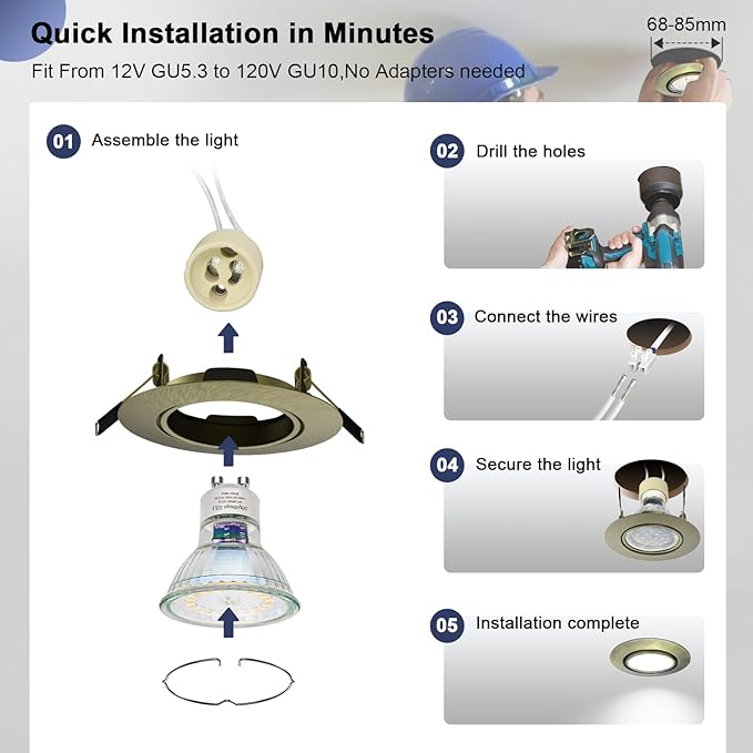 6 Pack Recessed Ceiling Downlight Fitting, Metal Downlight Frame for MR16 GU5.3 Bulbs, Adjustable Holder Applies to Artwork Cabinet, Antique Brass
