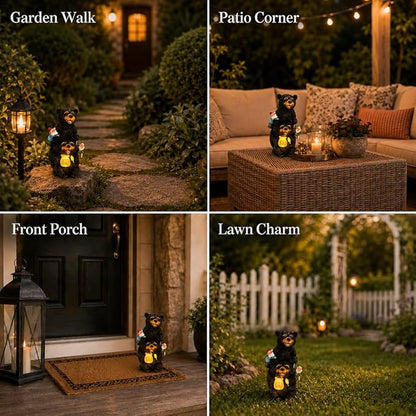 PETAFLOP Solar Garden Statues Bear Decor, Bear Statue with Glowing Honey Jar and Gnomes for Patio Balcony Lawn Yard Decorations, Outdoor Birthday Housewarming Gifts for Women, Mom