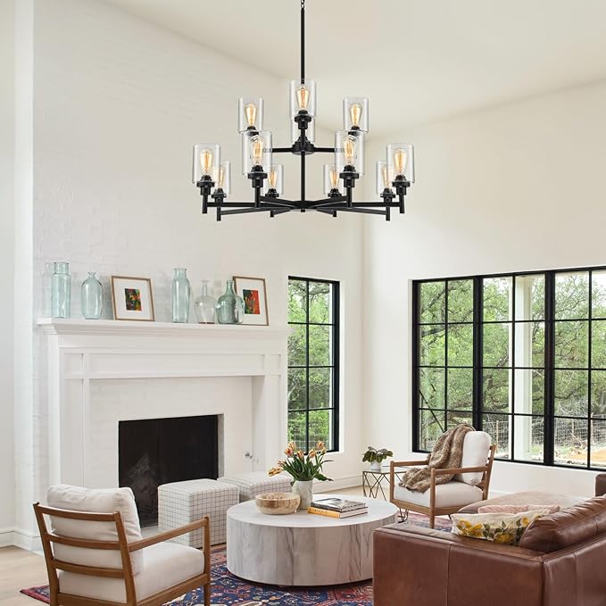 LIGHTDAMY Black Chandelier for Living Room Light Fixture, Large Farmhouse Chandeliers with Clear Glass Shade, Industrial 2-Tier 12 Lights Hanging Lighting for Dining Room Restaurant Villa