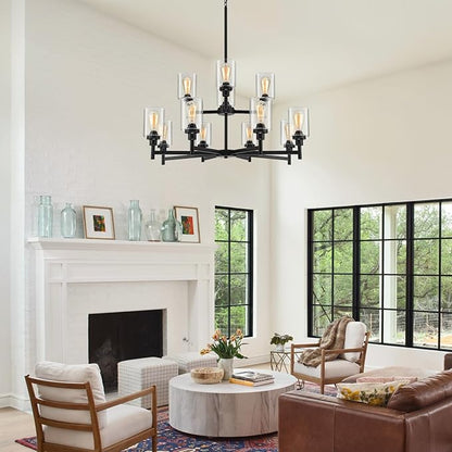 LIGHTDAMY Black Chandelier for Living Room Light Fixture, Large Farmhouse Chandeliers with Clear Glass Shade, Industrial 2-Tier 12 Lights Hanging Lighting for Dining Room Restaurant Villa