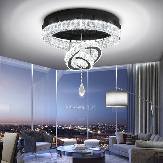 Flashing God Dia 20" Modern Crystal Chandelier for Dining Room Black Ceiling Chandelier Flush Mount Ceiling Light for Living Room Bedroom Hallway